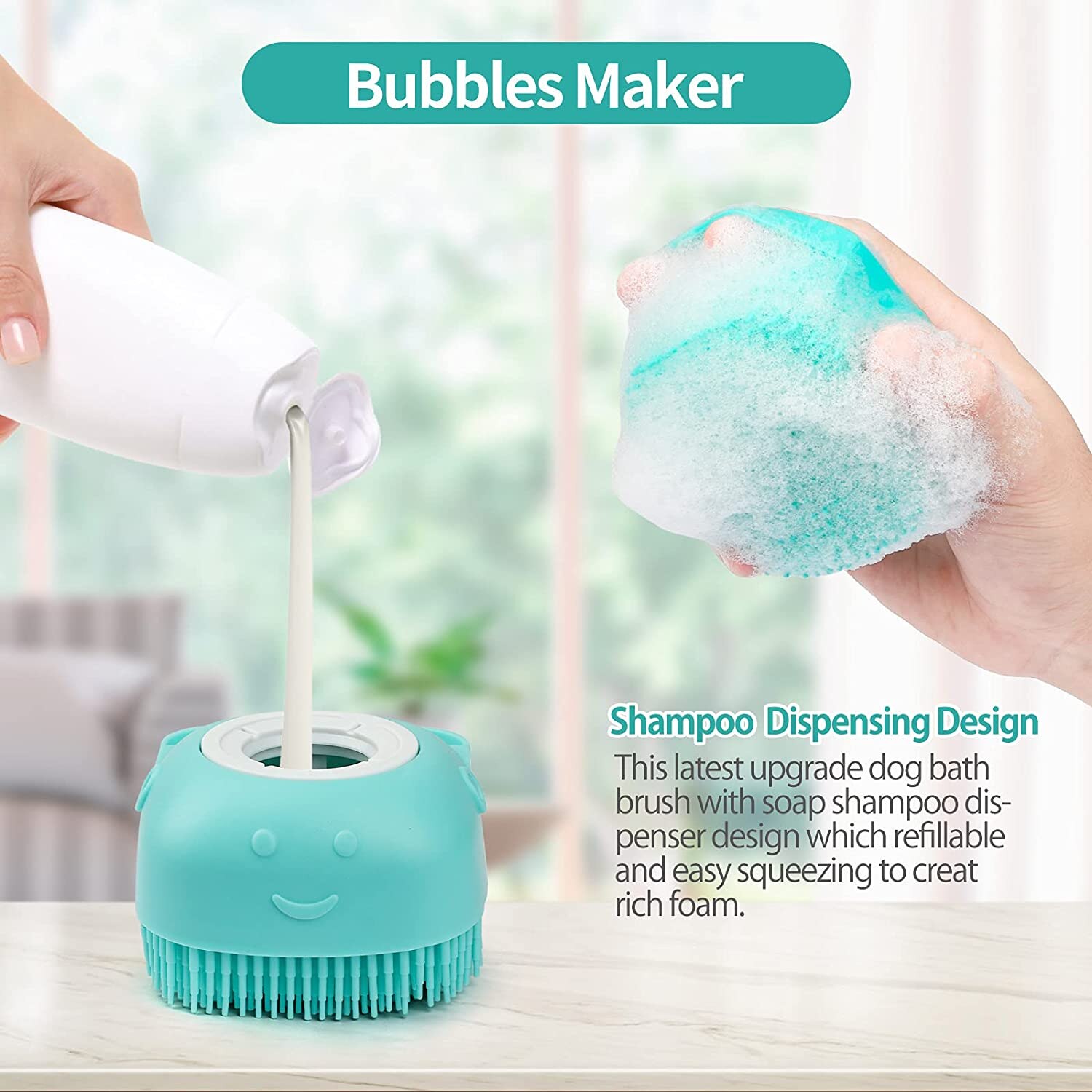 Cepillo de masaje para perros y gatos, dispensador de champú de belleza, peine de pelo para baño, cepillo de silicona suave, herramienta de belleza de limpieza