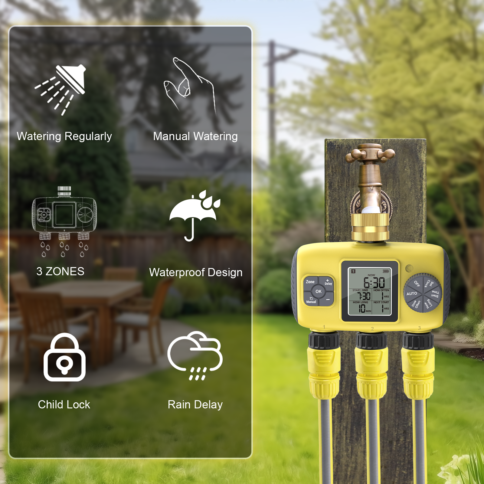 Insoma-temporizador de agua automático de 3 salidas, sistema de riego de jardín, herramientas programadoras de aspersores de Control independiente