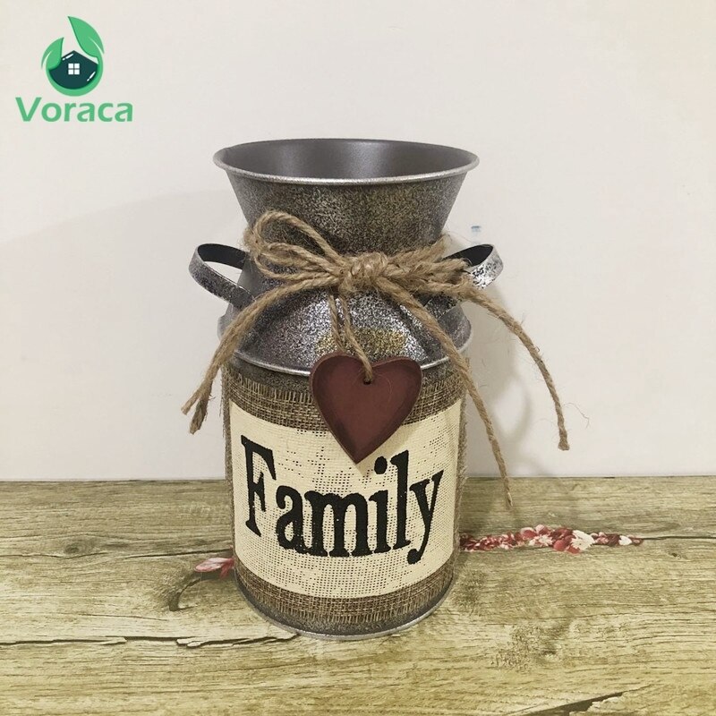 1pc shabby chic metall järn rustik vas mjölkburk heminredning europa stilar järn vas blomma för vas dekoration hem järn vas: Familj