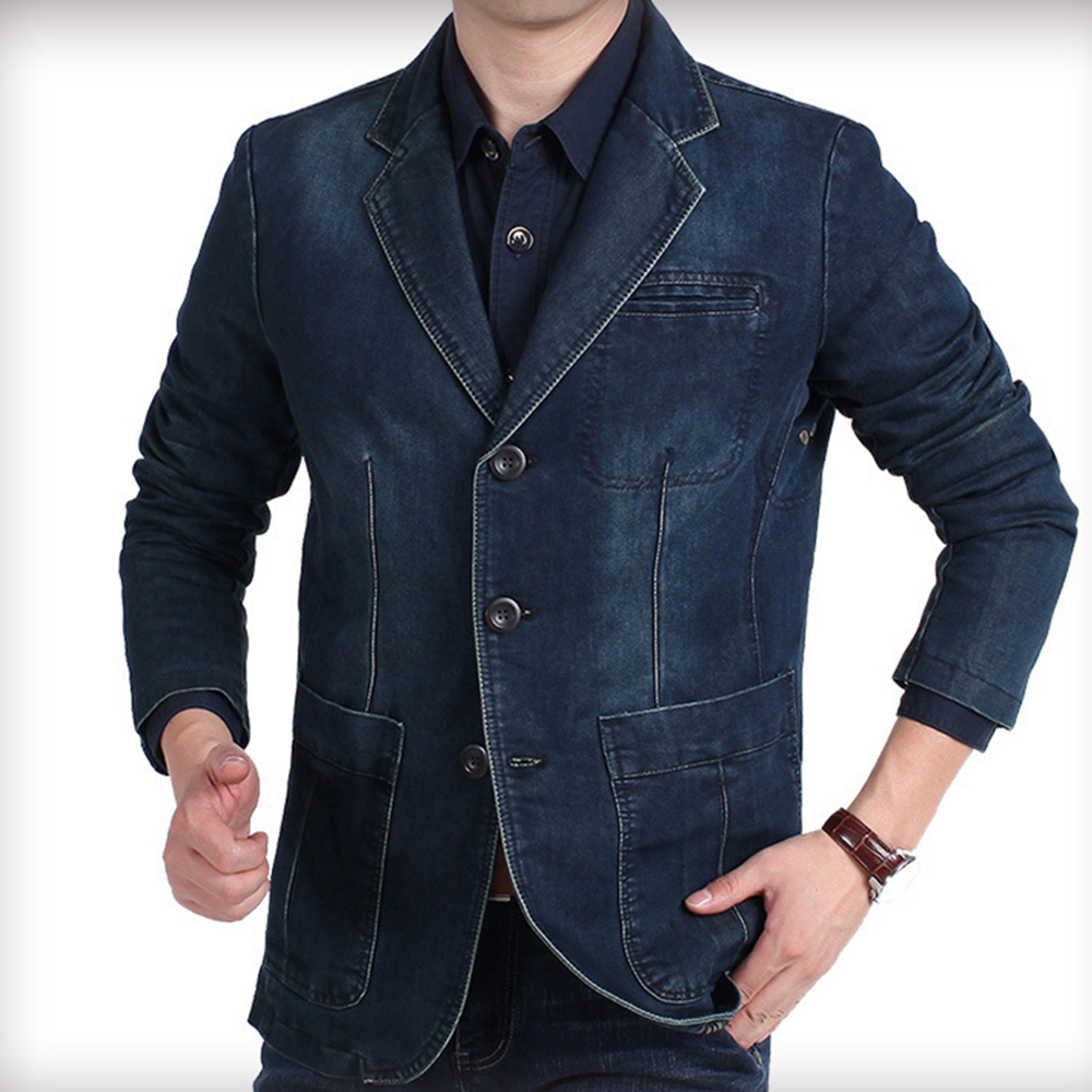 Men&#39;s Retro Blazer Jacket Blue Jeans Denim Jacket Men&#39;s Long Sleeve Casual Denim Jacket Coat