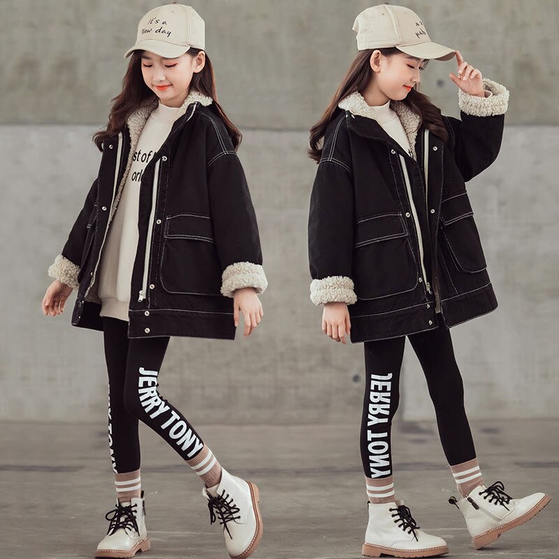 Winter Black Jackets for Girls Plus Velet Thick Turn-down Collar Coats manteau fille Cool Female Children Clothing Teens