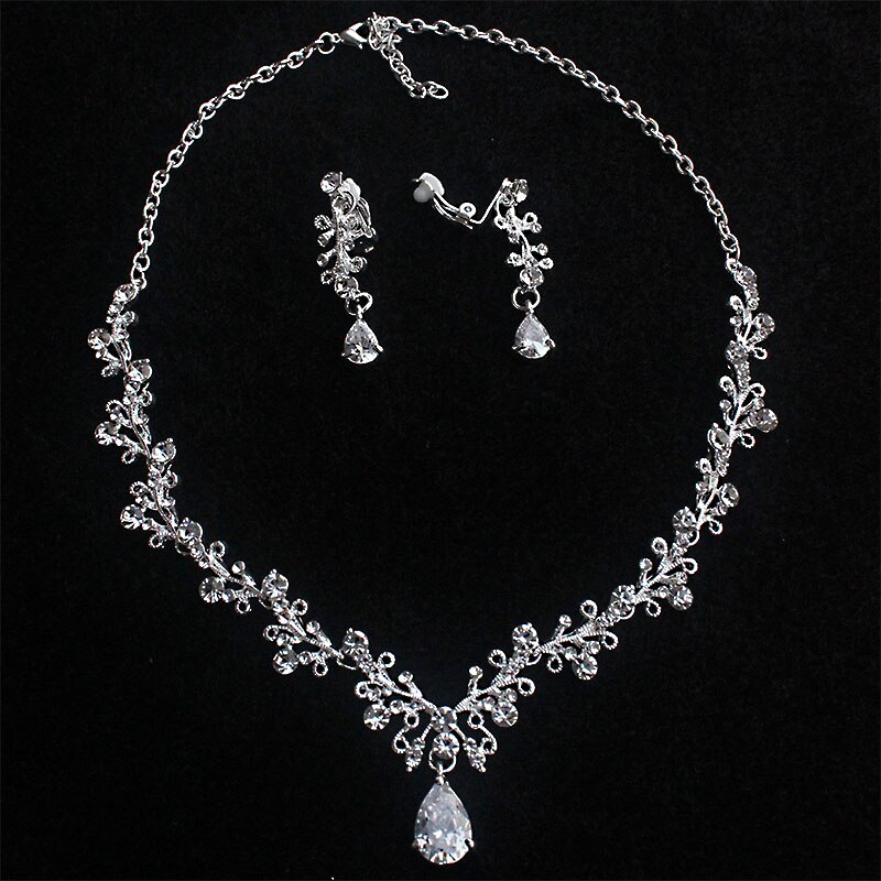 Mode Zirkoon Strass Hoofddeksels Kroon Ketting Oorbellen Set Bruids Sieraden Bruiloft Haar Accessoires Sieraden Set Dames