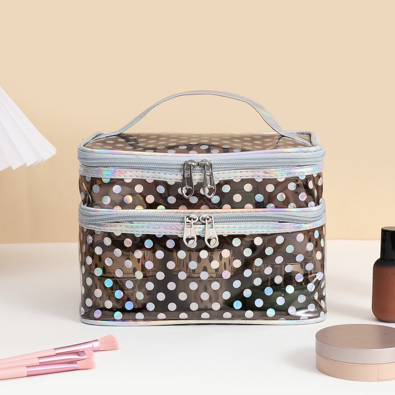 Polka dot transparent PVC double layer makeup bag Multi-functional portable waterproof makeup case large capacity travel storage: GRAY