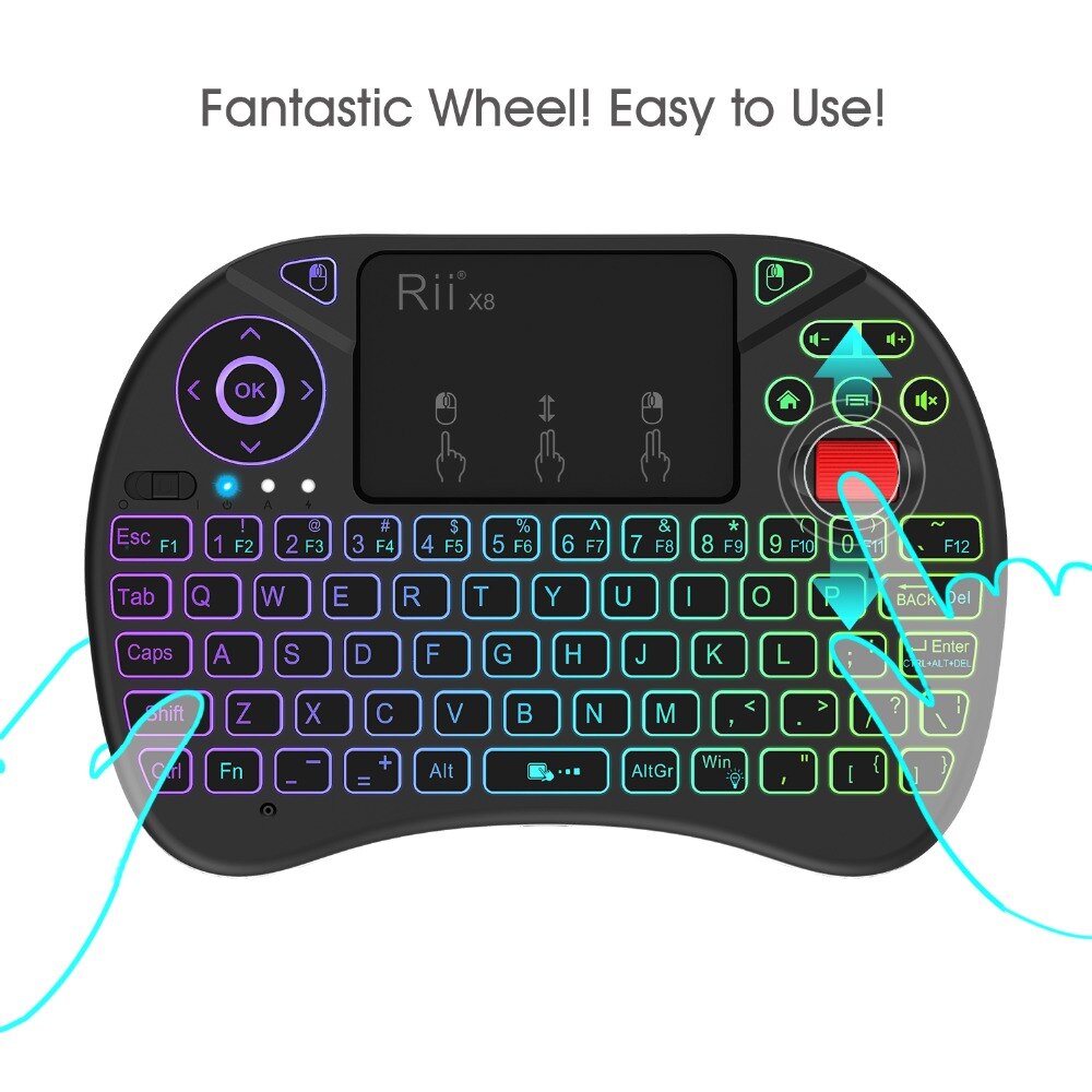 Rii X8 2.4 GHz Mini Draadloze Toetsenbord met Touchpad, veranderlijke kleur LED Backlit, Oplaadbare Li-Ion Batterij