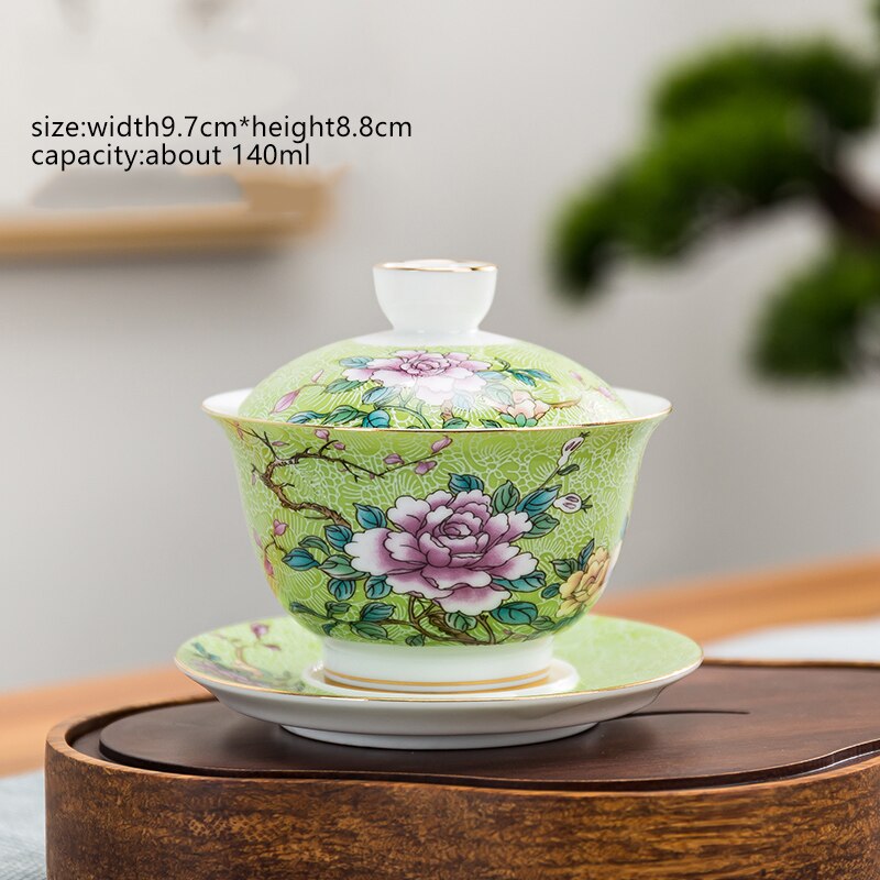 Cuenco de té de porcelana de cerámica con flores, 145ml, juego de platillo con tapa, esmalte, taza maestra Gaiwan china, vajilla de: D Style