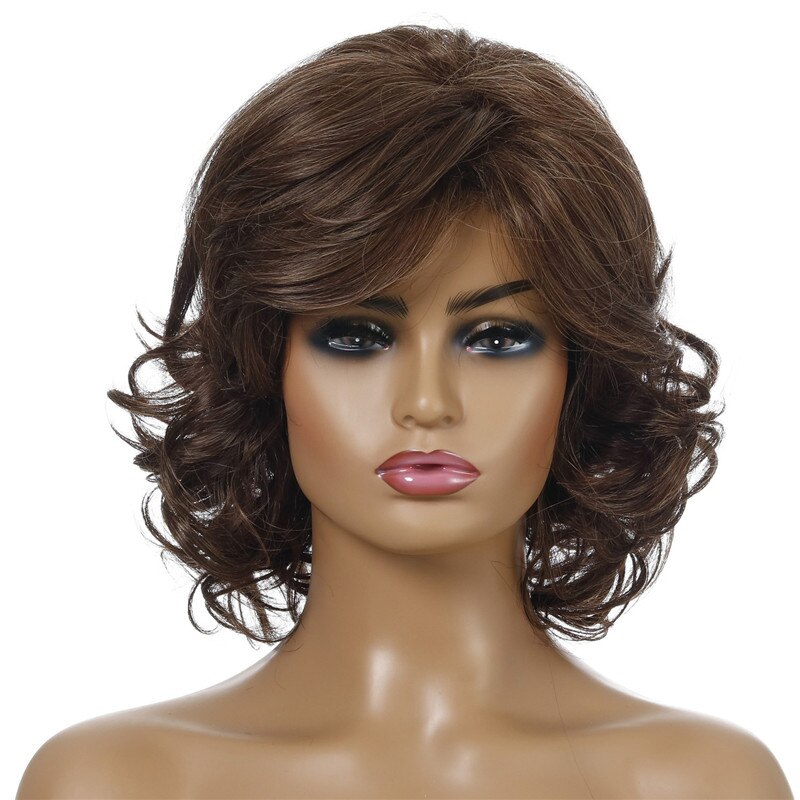 Ladies Short Brown Wavy Wig With Side Part Bangs Syhthetic Wig Nature Looking Daily Party Use For Women: Default Title