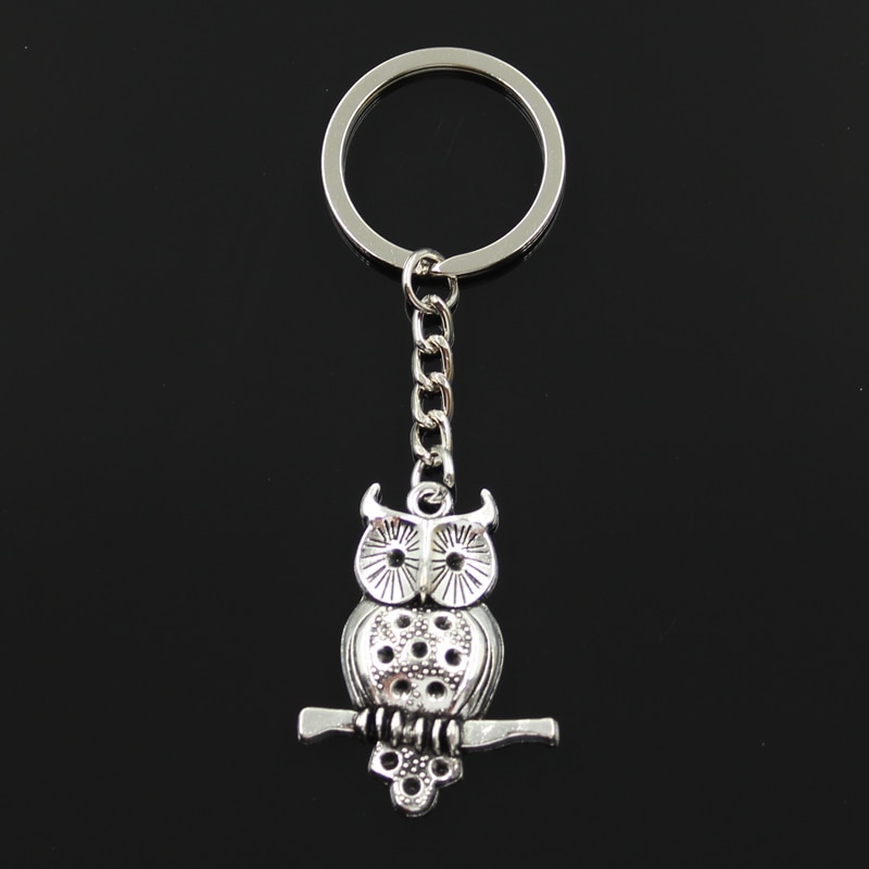 30mm Schlüssel Ring Metall Schlüssel Kette Keychain Schmuck Antike Silber Farbe Überzogen Eule Stehend Zweig 40x31mm Anhänger