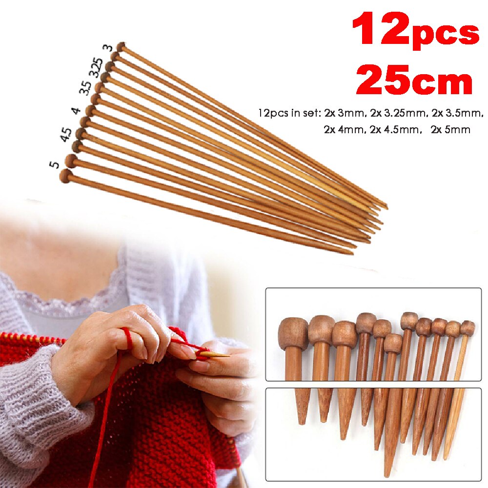 3mm 3.25mm 3.5mm 4mm 4.5mm 5mm --12PCS Bamboo knitting stick Knitting Needles Pointed Carbonized Wooden Single 25cm