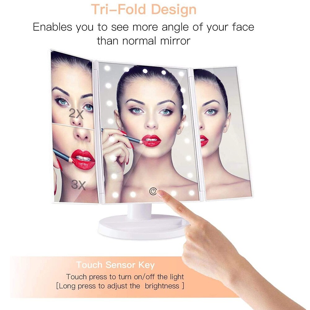 LED Makeup Vanity Mirror Tri-Fold 2X 3X Magnification Touch Dimming Mirror