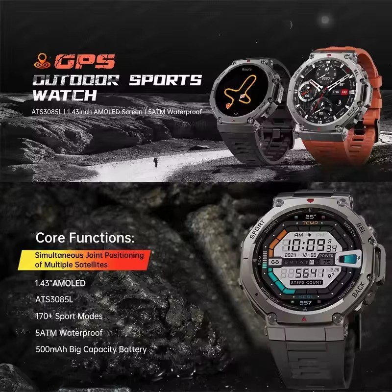 T-Rex 3 Wbudowany Dwuzakresowy GPS Wojskowy Smartwatch Męnarty Kompas Altimetr Barometryczny 10ATM i IP69K Wodoodporny 170+ Sportowy Smartwatch