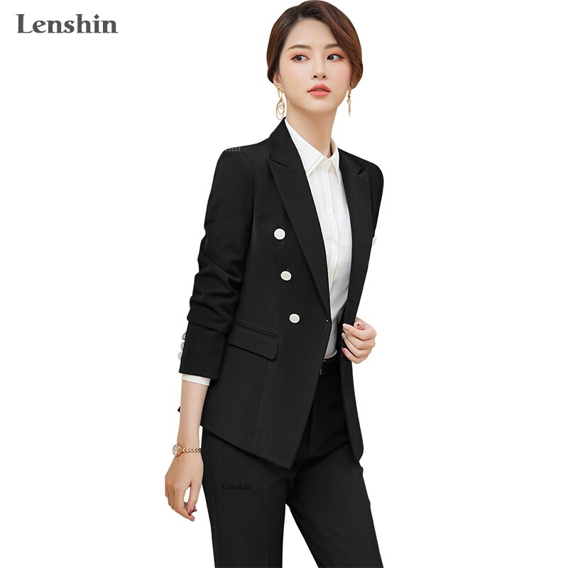 Lenshin 2 Piece Set Formal Pant Suit Blazer Office Lady Designs Women Soft Jacket and Ankle-Length Trousers