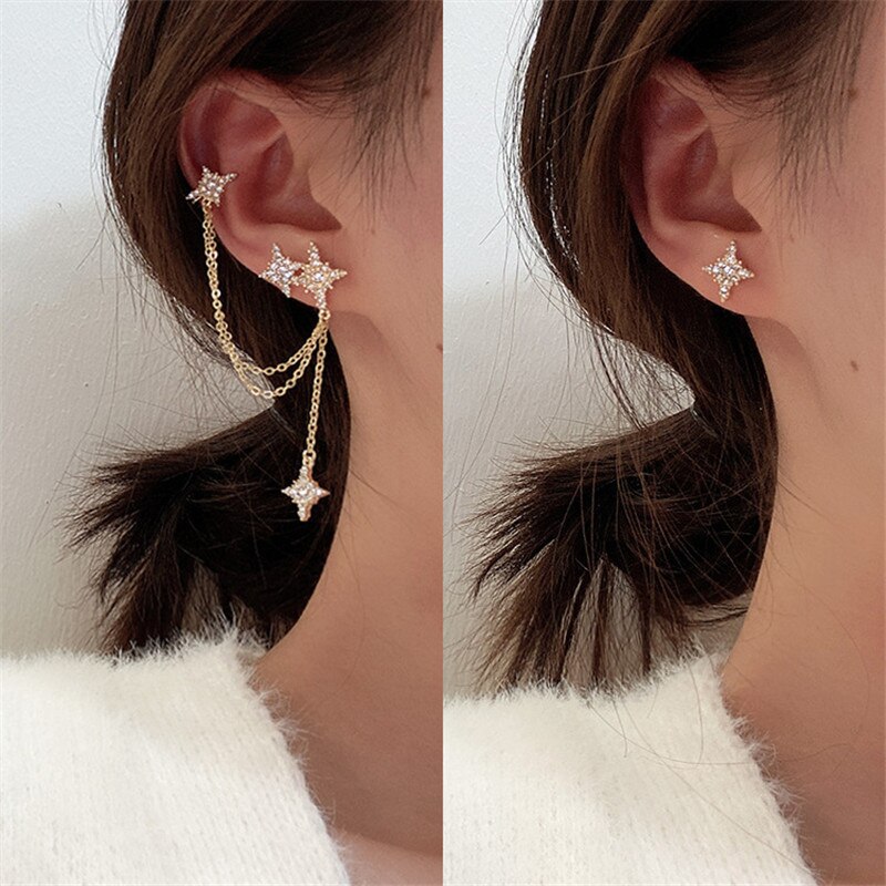 Asymmetrische Lange Kwast Ketting Manchet Oorbellen Voor Vrouwen Meisjes Vlinder Oor Botten Clip Oorhaak Oorbellen Sieraden Party: 3  (2pcs)