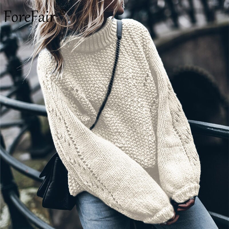 Forefair solid overdimensjonert vintage strikket genser dame vintergenser tilfeldig langermet damegenser: Hvit genser / Xl