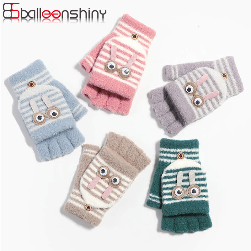 Balleenshiny Kinderen Handschoenen Kids Wanten Winter Plus Fluwelen Warme Tas Vinger Cartoon Gestreepte Half Vinger Gebreide Handschoenen