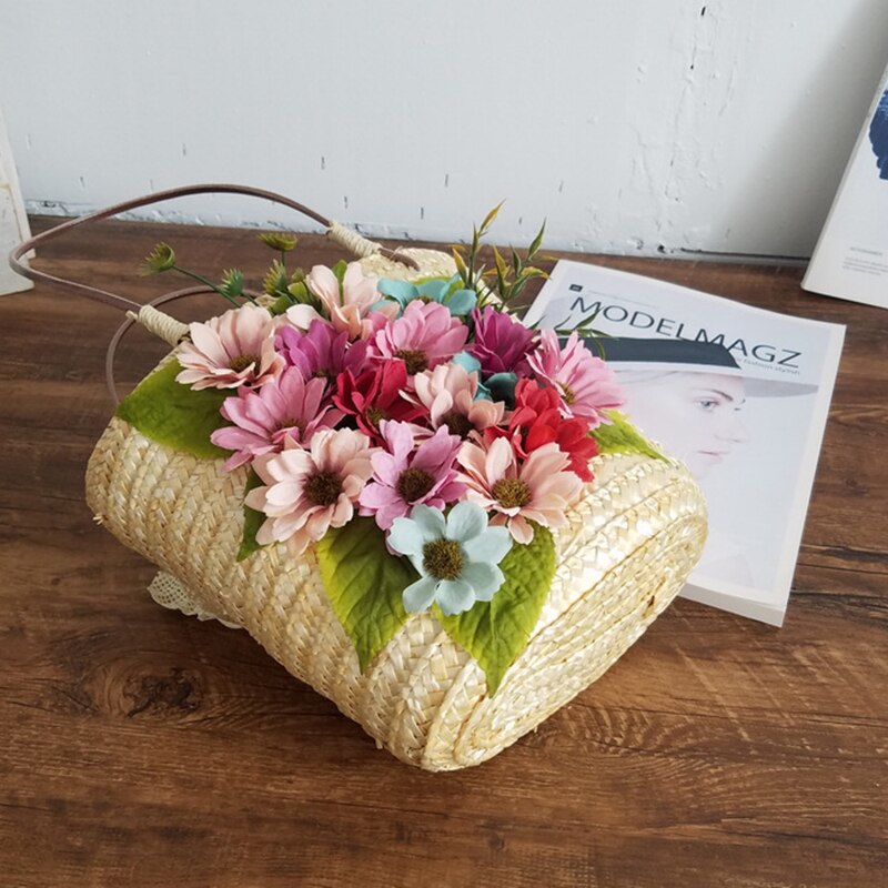 Korean Vintage Style Women Straw Bag Drawstring Beach Tote Bag Artificial Flower Woven Handbag Flower Bags With Rattan Handle