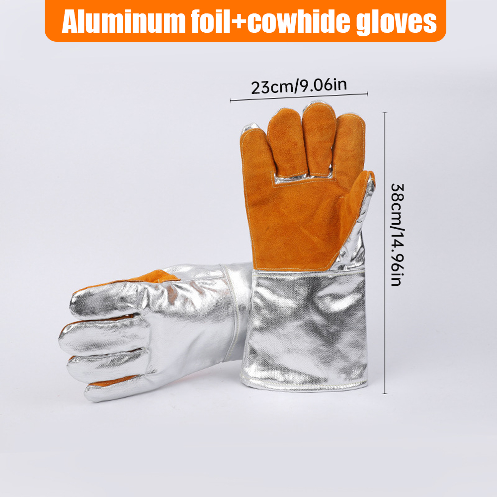 Gants extrêmement ignifuges et résistants à la chaleur, en cuir, feuille d'aluminium, Anti-brûlure, pour cheminée, four, soudage, travail à haute température