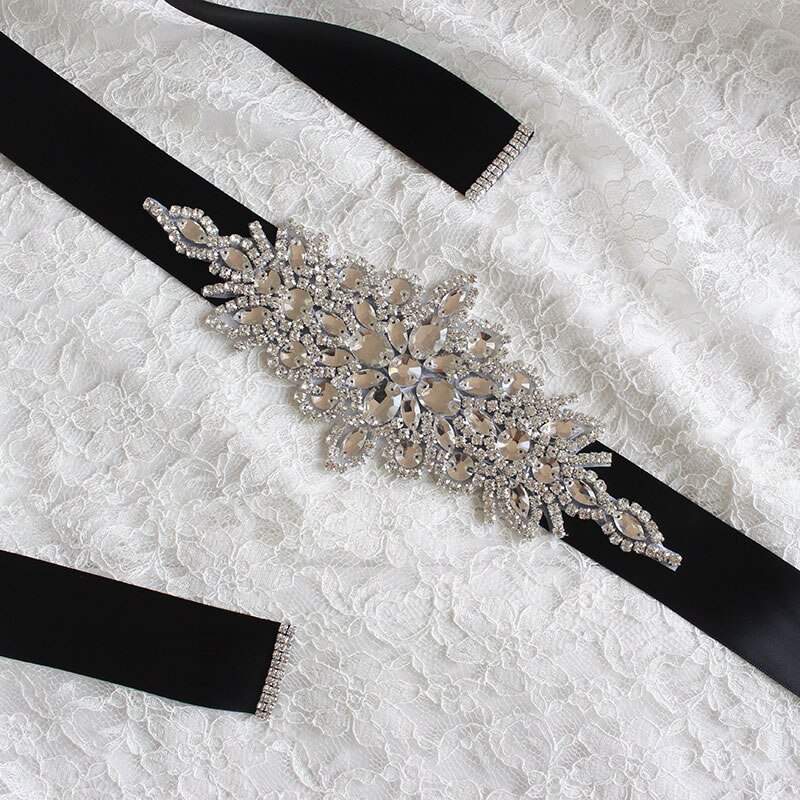 Bridal Crystal Wedding Accessories Satin Dress Belt Ribbon Waistband Sash for Evening Prom Dresses: black