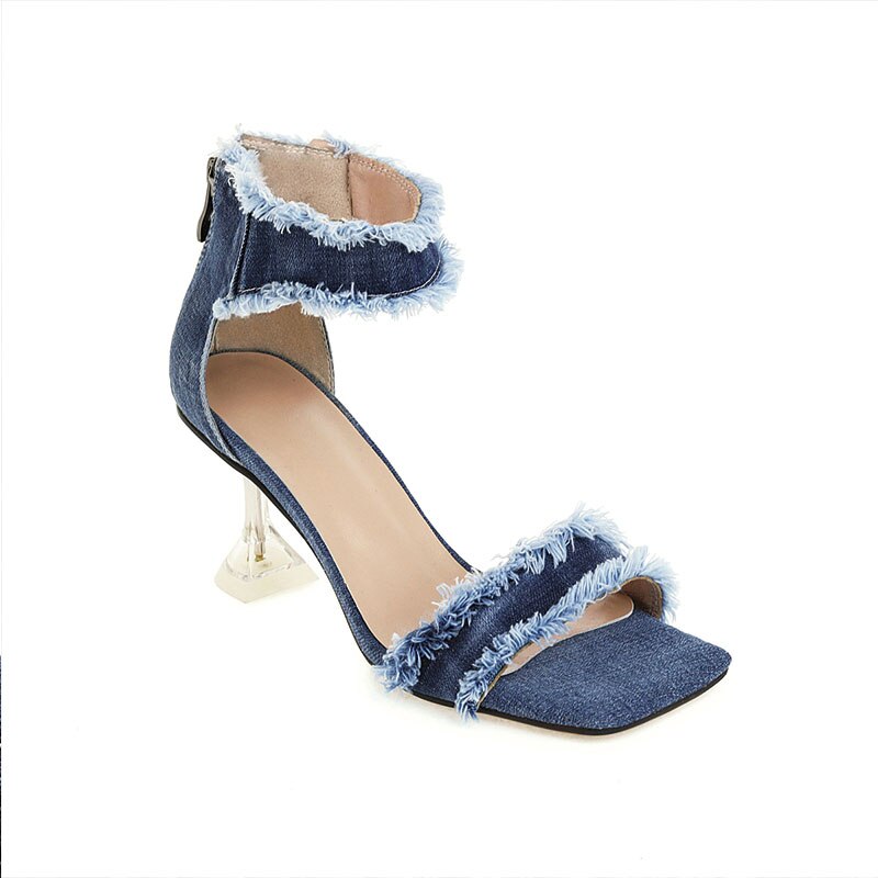 Sgesvit-Sandalias vaqueras con flecos para mujer, zapatos clásicos de Punta abierta, de verano, con tacón alto, color azul,