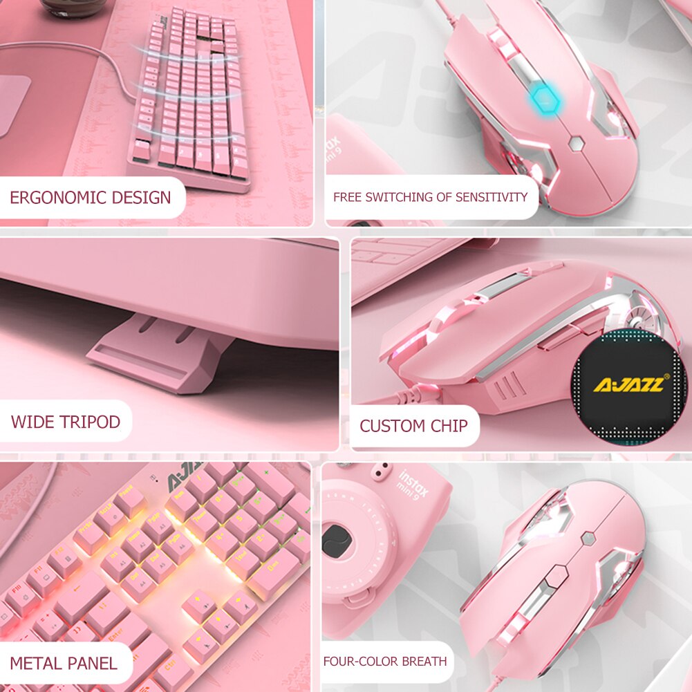 USB Wired Pink Real Mechanical Keyboard and Mouse Set with Blue Switch Cute Girls E-sports Gamer Computer Peripherals Keyboard