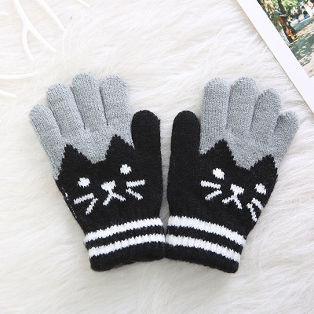 Guantes de invierno para niños, niños y niñas, con dibujos de gato, 1 par: Black