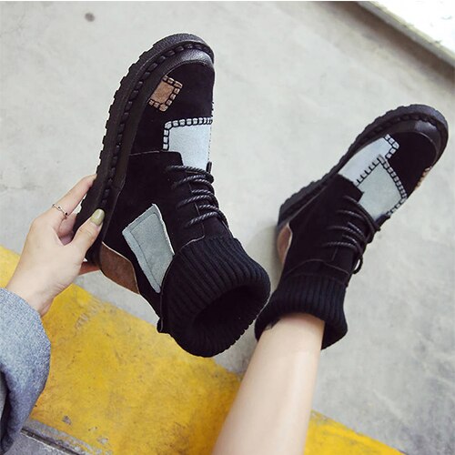 Ankle Boots For Women Sock Boots Patchwork Ladies Casual Platform Flat Woman Warm Plush Female Sewing Shoes