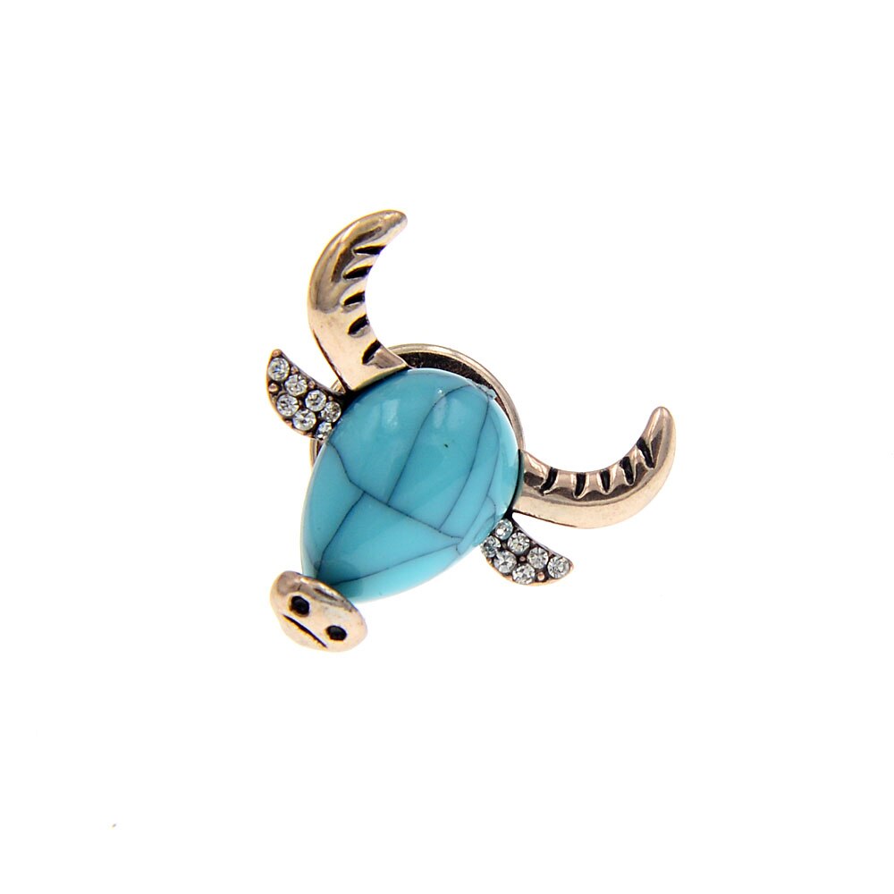 CINDY XIANG Crystal Bull Head Collar Pin Brooch Cubic Zirconia Cattle Brooches For Women And Men Small Zodiac Animal: Blue Turquoise