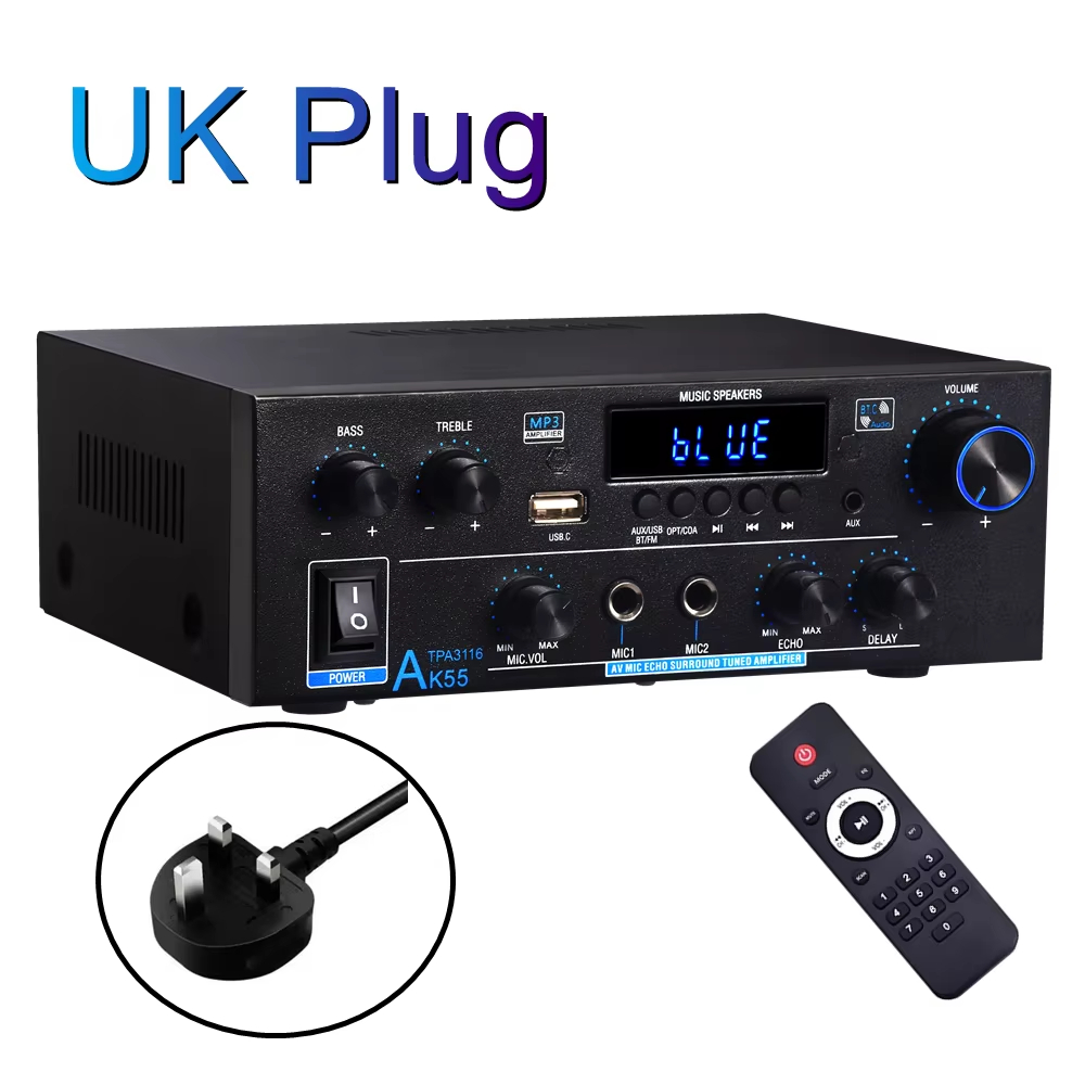 Woopker AK55 Bluetooth Amplifier HIFI Digital Sound Amp Channel 2.0 for Home Car Karaoke 110V/220V MAX 450W+450W Subwoofer: black