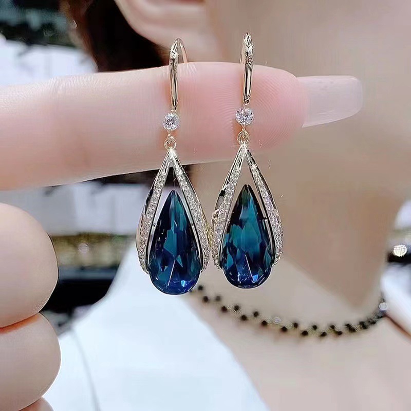Korean Zircon Water Earrings for Women Shiny Crystal Long Pendant Dangle Earring Girls Wedding Party Jewelry