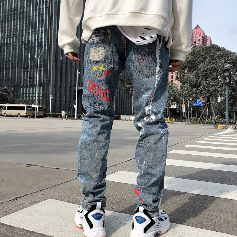 Pantalones vaqueros con estampado de grafiti para hombre, jeans de