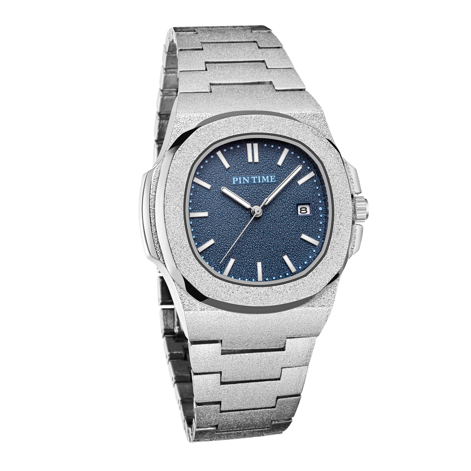 PINTIME Mens Luxury Watch Frosted Stainless Steel Quartz Movement Watches Male Sport Wristwatch