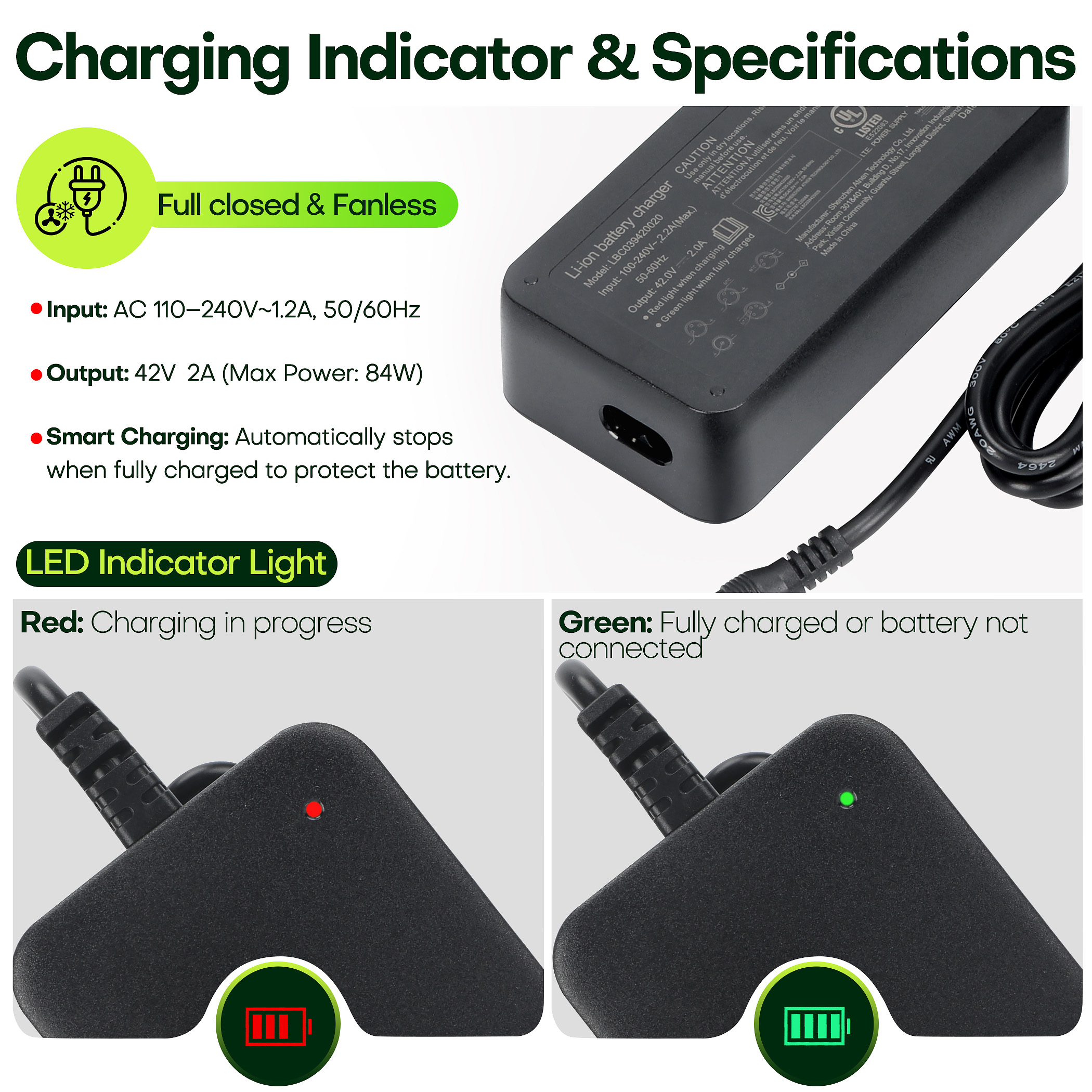 36V E-Bike Charger 42V 2A - 10S Li-ion/Li-poly Compatible, Free Euro Converter, Fast Safe Charging