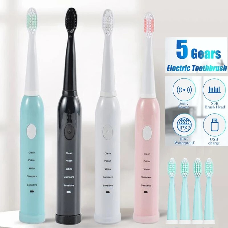 1X Oplaadbare Elektrische Tandenborstel Ultrasone Krachtige Automatische Smart Tandenborstel Met Vervangende Opzetborstels 5 Modi