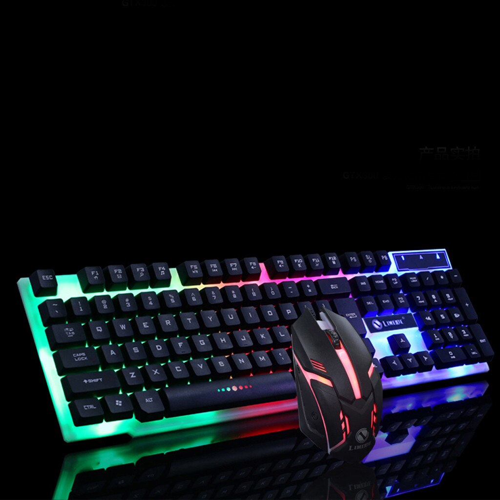 GT300-retroiluminado con LED colorido con cable USB para PC, teclado arcoíris para juegos, ajustable, 1600DPI, ratón, Combos para ordenador