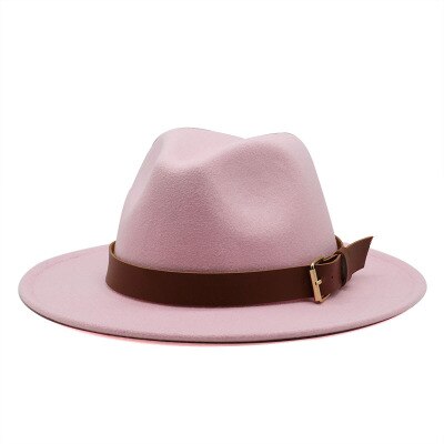 Fedora hoeden voor mannen, effen, formele kleding, kerk, bruiloft, brede rand, vilten hoed, winter, herfst, kaki, beige, riem, gesp, jazzpet voor mannen: Roze