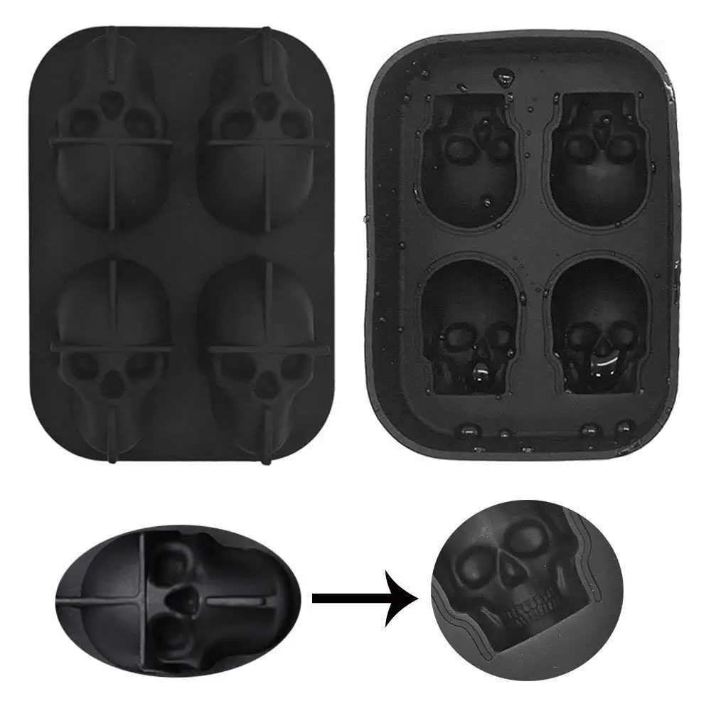 3D Skull Ice Cube Tray, Silicone Ice Maker Molds with Funnel, 4 Cavity Ice Cube Tray for Ice Cream & Party