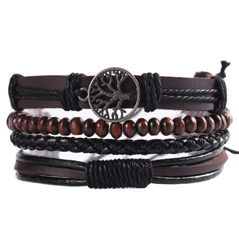KaiMin 4pcs/ set Adjustable Leather Bracelets for Men Braided PU Black Brown Bangle Life Tree Leaf Rudder Charm Bracelet: JW8034-8