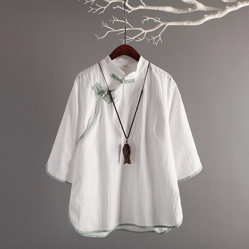 Nagodo chinois tunique Top traditionnel chinois vêtements améliorés Zen manches lâche lin hauts femmes coton Cheongsam chemise: white