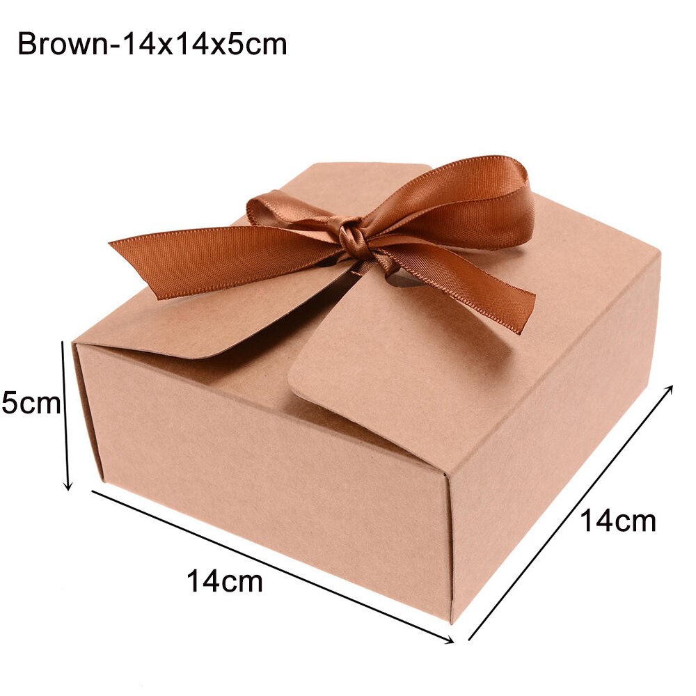 Caja de papel Kraft cuadrada, embalaje de cartón, de San Valentín, cajas de almacenamiento de dulces con cintas: Brown-14x14x5cm