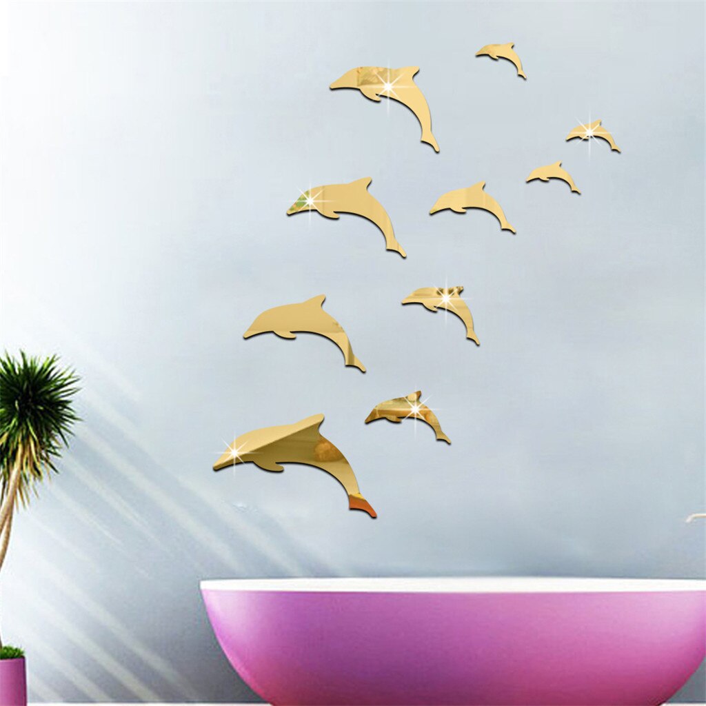 DIY Silver Dolphin Fish Mirror Wall Sticker Home Mural Ornament Wall Sticker Modern Animal Stickers for Home Decoration#0707LJC