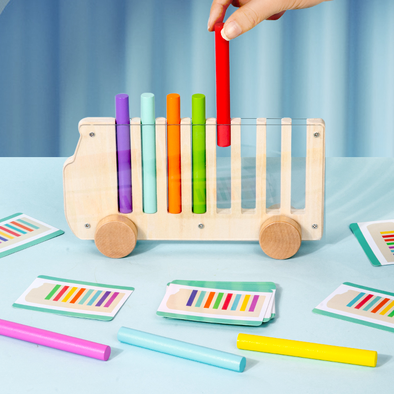 Gioco di ordinamento dei colori in legno, giocattolo a forma di autobus per inserire bastoncini multicolori, carrello mobile con 20 carte, giocattolo cognitivo del colore