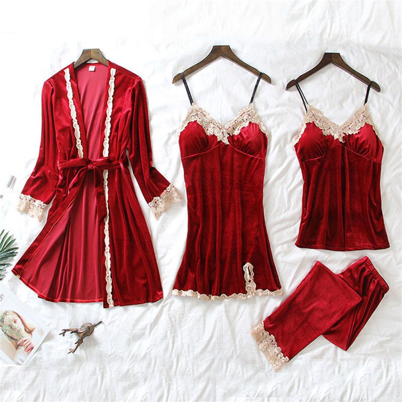 July's Lied 4 Stuks Fluwelen Warme Pyjama Set Vrouwen Sexy Kant Nachtkleding Pyjama Pak Winter Sling Nachthemd Vrouw Nachtkleding: 03 / XL