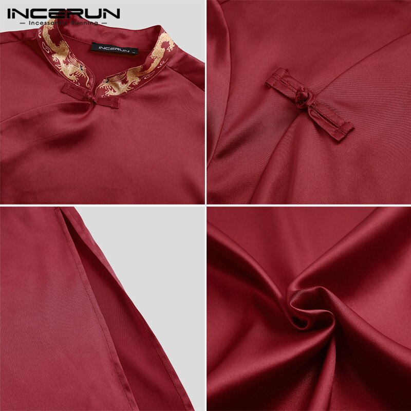 INCERUN Chinese Style Men Robes Printed Stand Collar Traditional Long Sleeve Men Long Gowns Button Vintage Cheongsam Plus Size
