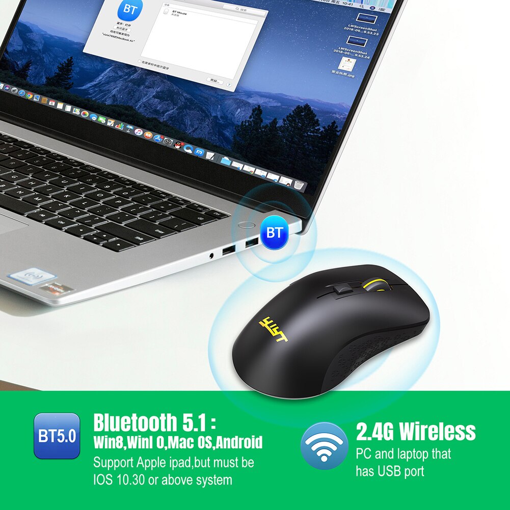 2.4GHz Bluetooth Gaming Optical Mouse Ergonomic 3 Gears 2400 DPI Adjustable Rechargeable Colorful Backlight Wireless Mice
