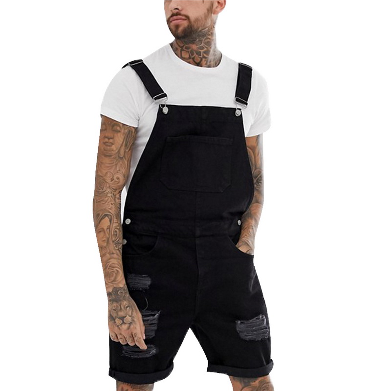 MoneRffi Summer Men Blue Black Short Jeans Overalls Hip Hop Ripped jeans Short jumpsuit Denim Suspender Pants