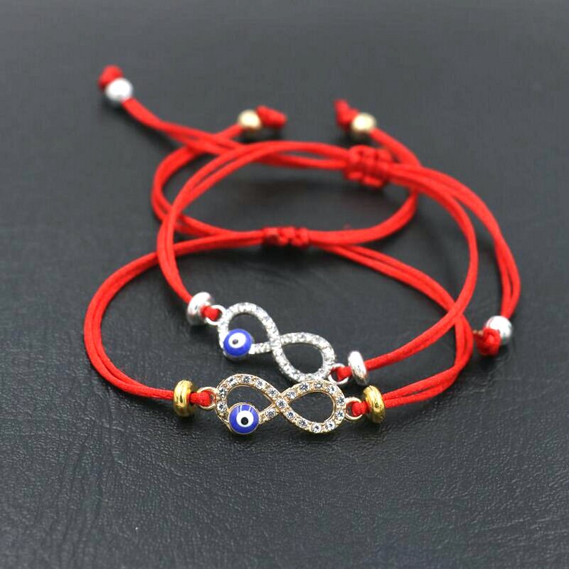 Pulsera con abalorios de circonia cúbica Infinity 8 para hombre y niña, cuerda de hilo de cuerda roja, pulseras para parejas, para niños y mujeres