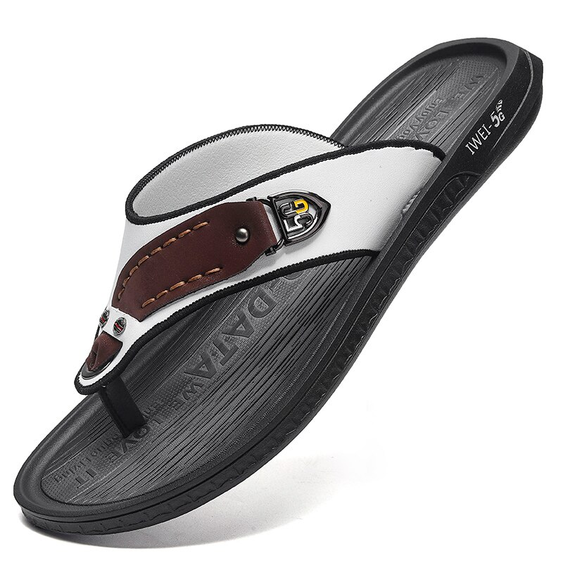 Zapatillas de cuero de para hombre, sandalias de playa cómodas, zapatos informales, chanclas de , calzado de verano,: WHITE BROWN / 8,5