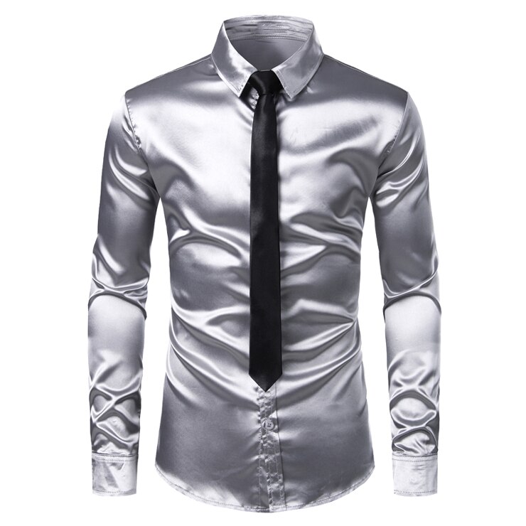 Heren zilverkleurige zijden satijnen overhemd met stropdas, slim fit overhemd met knoopjes, casual overhemd voor heren, feest, bruiloft, gala, podium, chemise: 1 / Amerikaanse maat xl
