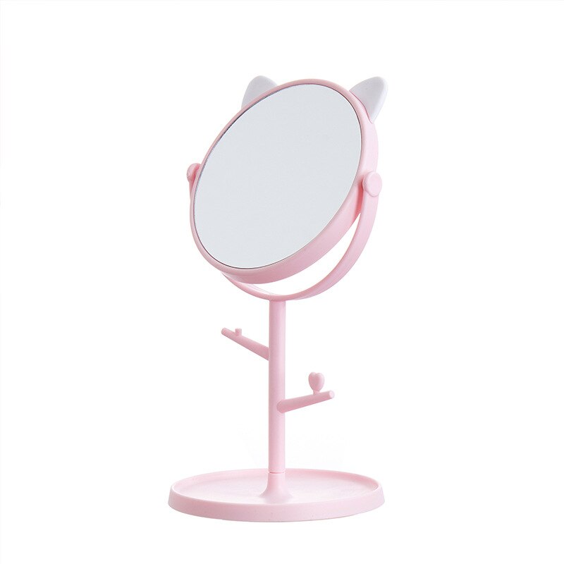 Espejo de tocador plegable para escritorio, espejo cuadrado compacto para maquillaje, tocador de gato de pie, joyero para las orejas, espejo cosmético colorido para dormitorio: Cat Ear Pink