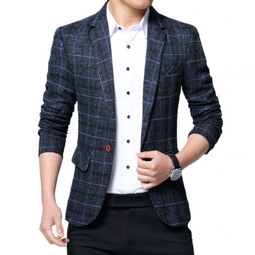 Men Plaid Lapel Slim Blazer Jacket Coat One Button Office Business Suit: Blue / M