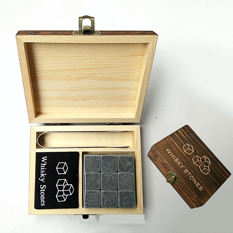 9Pcs Whisky Ice Stones with Wooden Box& Velvet Bag Wine Drinks Cooler Cubes Whisky Stone Granite Pouch Reusable Cubes Granite: Black with box